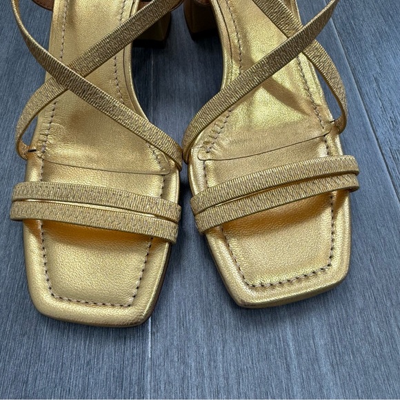 SEZANE PERNILLE SANDALS GOLD 37 6.5 Strappy Block Heel Square Toe Metallic Shoes - Picture 11 of 16